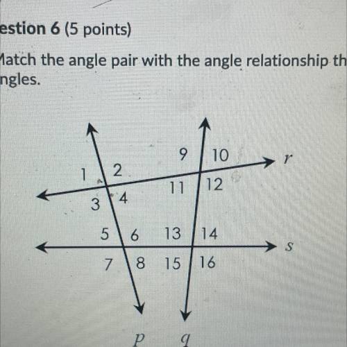 Match the angle pair with the angle relationship that beat represent the pair of angles.

a)corres