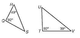 Explain why the triangles are similar (SSS, SAS, or AA) and write a similarity statement if the tri