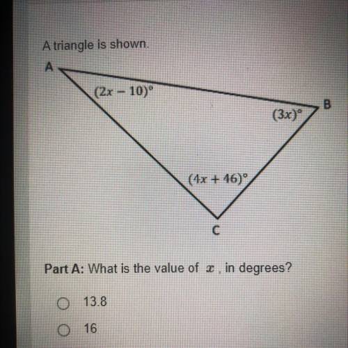 What is the value of X in degrees?
A.13.8
B.16
C.20
D.24