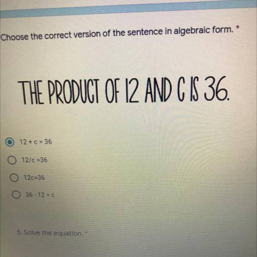 The product of 12 and C is 36 in algebraic form