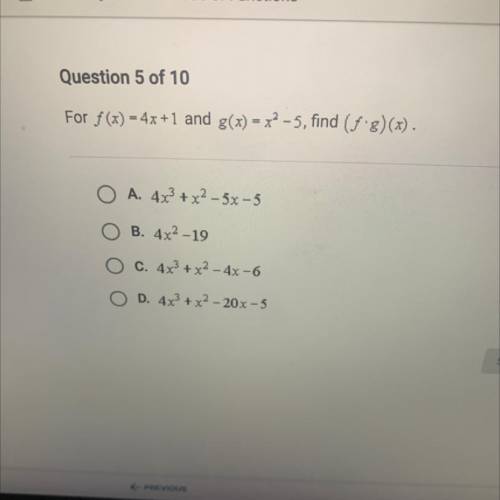 For f(x) = 4x +1 and g(x) = x2 -5, find (18)(x).