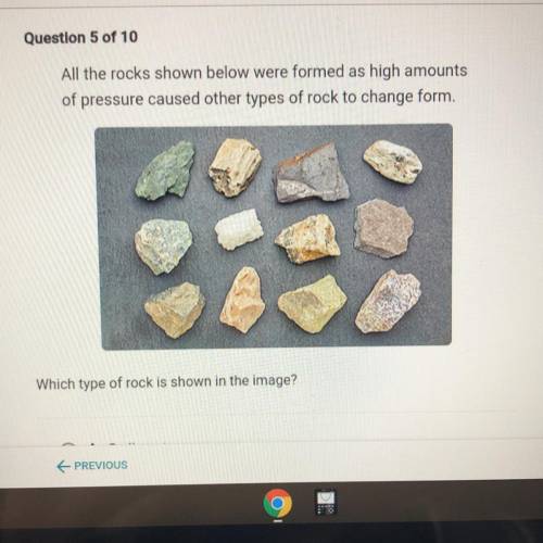 All the rocks shown below were formed as high amounts

of pressure caused other types of rock to c