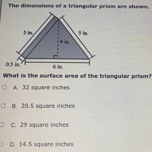 The dimensions of a triangular prism are shown. What is the surface area of the triangular prism?￼