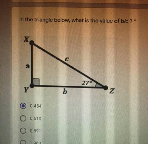 In the triangle below, what is the value of b/c ?