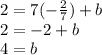 2=7(-\frac{2}{7} )+b\\2=-2+b\\4=b