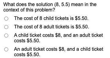 What does the solution (8, 5.5) mean in the context of this problem? The cost of 8 child tickets is