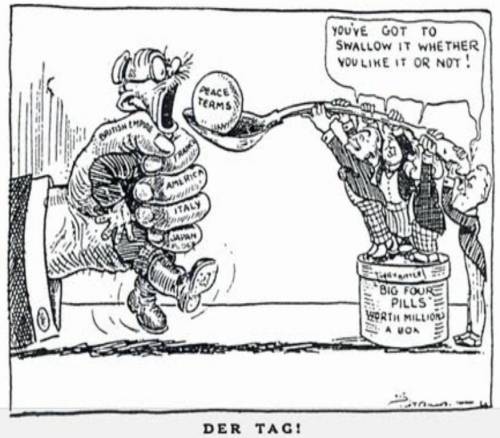 What does the cartoonist think about the Treaty of Versailles? How do you know?