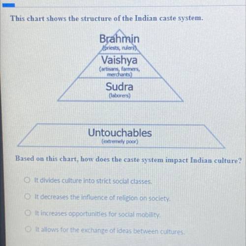 This chart shows the structure of the Indian caste system.

Brahmin
(priests, rulers)
Vaishya
(art