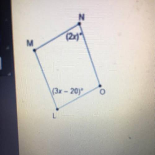 N

What is the measure of angle L in parallelogram
LMNO?
M
0 20°
O 30°
O 40°
(3x - 20)
O 50°