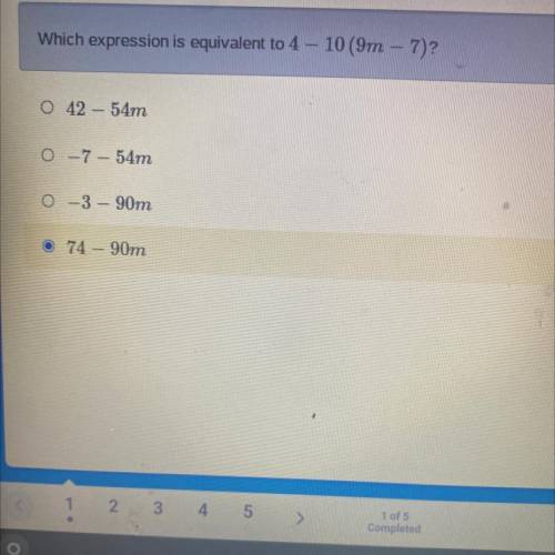 Which expression is equivalent to 4-10(9m-7)