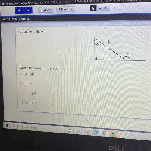 A triangle is shown.
What is the measure of angle x?