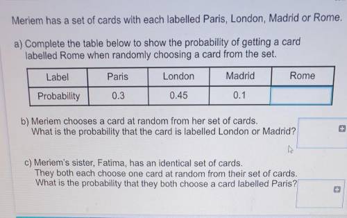 Meriem has a set of cards with each labelled Paris, London, Madrid or Rome.

a) Complete the table
