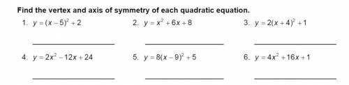 Find the vertex and axis of symmetry of each quadratic equation.