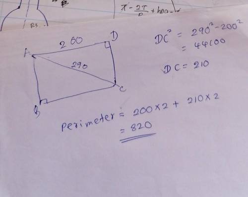 In rectangle ABCD, AD=200, and diagonal AC=290, what is the perimeter of ABCD