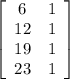 \left[\begin{array}{ccc}6&1\\12&1\\19&1\\23&1\end{array}\right]