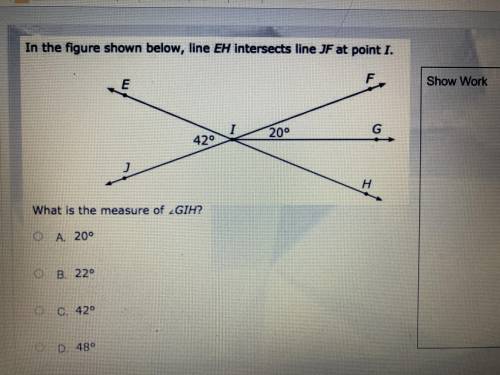 In the figure shown below, line EH intersects line JF at point I. What is the measure of GIH?