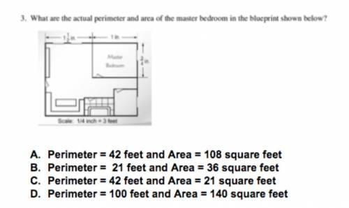 What are the actual perimeter and area of the master bedroom in the blueprint shown below?