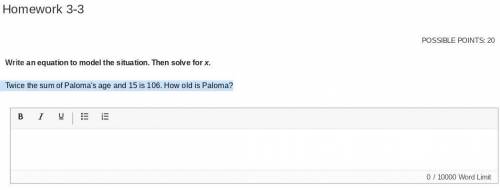 Twice the sum of Paloma's age and 15 is 106. How old is Paloma?