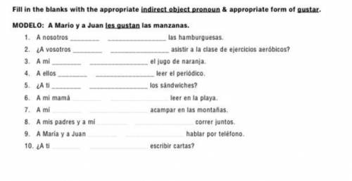 Fill in the blanks with the appropriate indirect object pronoun & appropriate form of gustar.