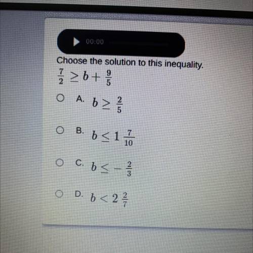 Choose the solution to this inequality.

9
5
{ >6+
5
O A ?
O B. b517
o c. 6. - 23
o D. 6<2 2