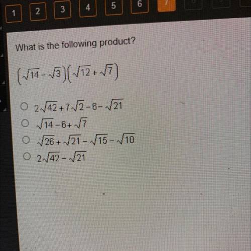 What is the following product?
(sqrt14 - sqrt3) (sqrt12 + sqrt7)