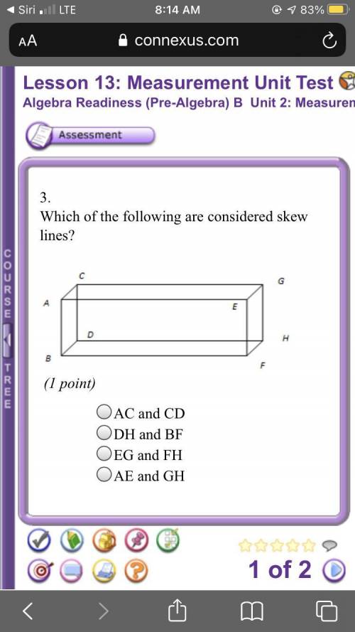 Please Help Which Of The Following Are Considered Skew Lines A Ac And Cd B Dh And Bf C Eg And Fh D Ae And Gh