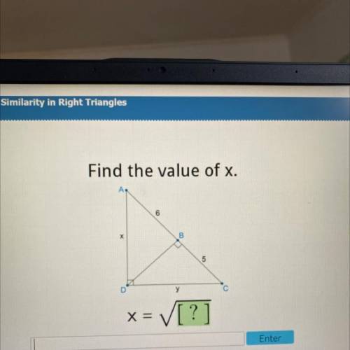Find the value of x.
А.
6
B
5
y
x = V[?]