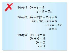Describe the error in solving for one of the variables in the linear system 4x+2y=6 and 3x+y=9