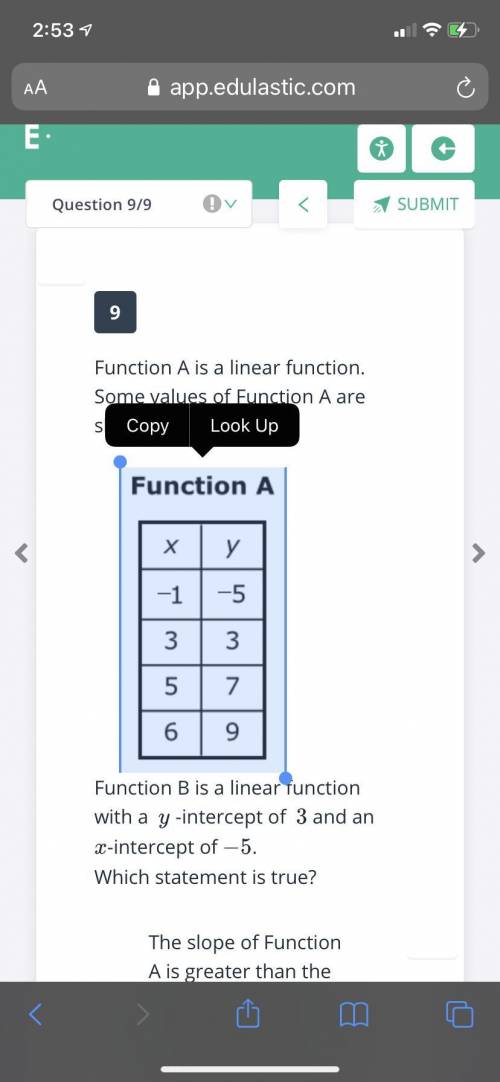 9 Function A is a linear function. Some values of Function A are shown in the table. ​ ​ Function B