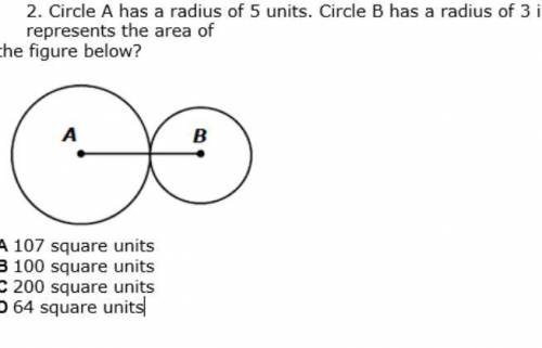 Circle A has a radius of 5 units. Circle B has a radius of 3 inches. Which best represents the area