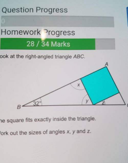 The square fits exactly inside the triangle. Work out the sizes of angles x, y and z.​