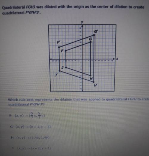 Quadrilateral FGHJ was dilated with the origin as the center of dilation to create quadrilateral F'