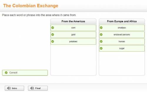 The Colombian Exchange:

Place each word or phrase into the area where it came from. 
Check Image
