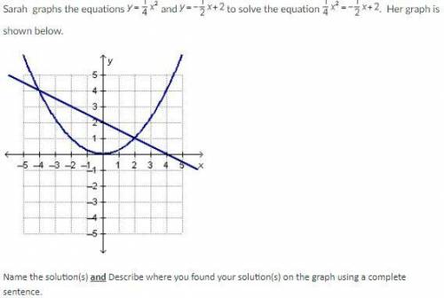 Sarah graphs the equations y=1/4x^2 and y=-1/2x+2 to solve the equation 1/4x^2=-1/2x+2. Her graph i