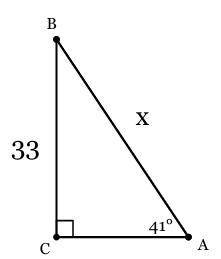 In ΔABC, the measure of ∠C=90°, the measure of ∠A=41°, and BC = 33 feet. Find the length of AB to t