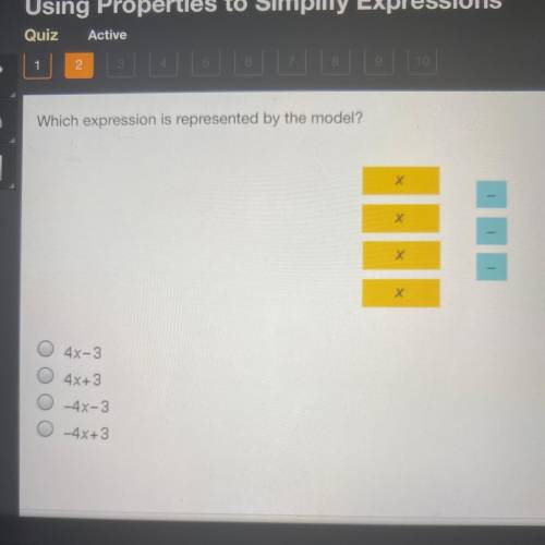 Which expression is represented by the model?

Х
X
X Х
Х
4x-3
4x+3
-4X-3
-4x+3