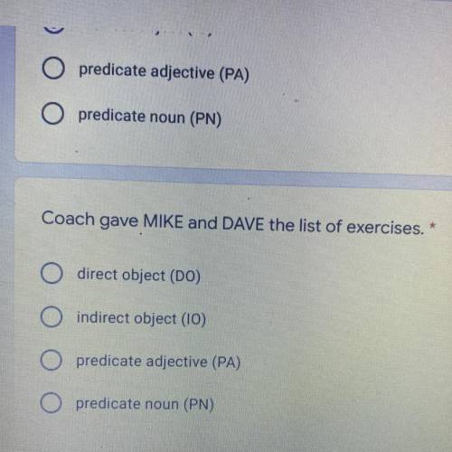Coach gave MIKE and DAVE the list of exercises. *

direct object (DO)
indirect object (10)
predica