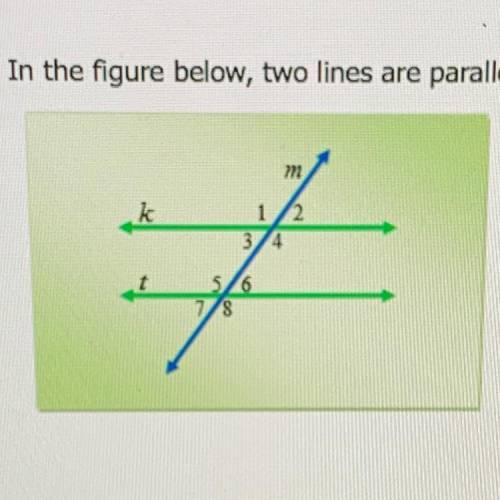 Name four congruent acute angles on a graph of two parallel lines cut by a transversal line