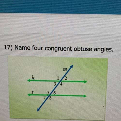 Name four congruent obtuse angles on a graph of two parallel lines cut by a transversal line