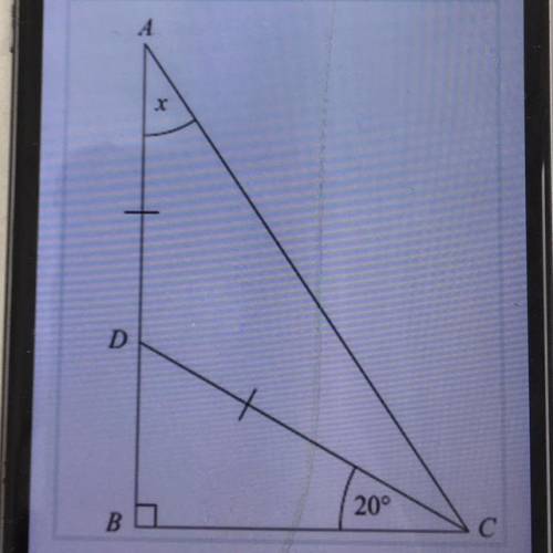 Triangle ABC is a right-

angled triangle.
ADB is a straight line.
DA = DC
Angle BCD = 20°
Work ou