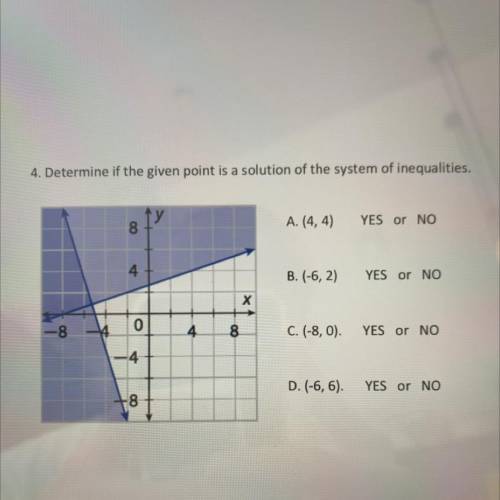 4. Determine if the given point is a solution of the system of inequalities

A. (4,4) YES or NO
B.