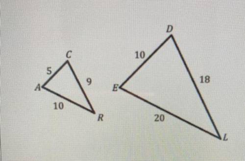 Is Triangle CAR ~ Triangle DEL? if so which postulate or theorem makes them similar?