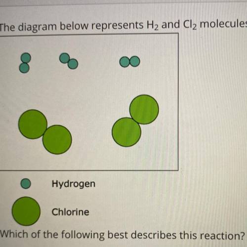 The diagram below represents H2 and Cl2 molecules that will potentially react to form HCI.

Hydrog