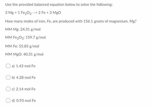 How many moles of iron, Fe, are produced with 156.1 grams of magnesium, Mg?