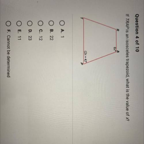 If TRAP is an isosceles trapezoid, what is the value of X?
6x
(2x + 4)