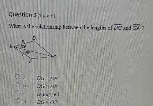What is the relationship between the lengths of DG and GF ?

A: DG = GF B: DG> GF C: annot tell