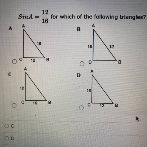 12

SinA= for which of the following triangles?
16
A
B
А
16
16
12
12
B
ਹੈ
с
00
А
А
C
D
12
16
16
B