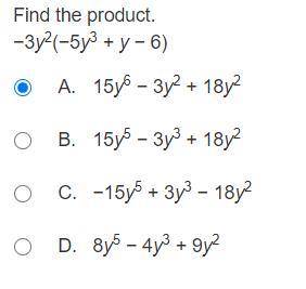 Find the product. 3y^(2)(-5y^(3)+ y - 6)