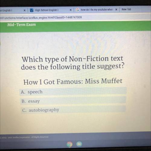 Which type of Non-Fiction text

does the following title suggest?
How I Got Famous: Miss Muffet
A.