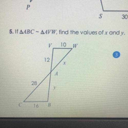 If ABC ~ AVW, find the values of x and y.